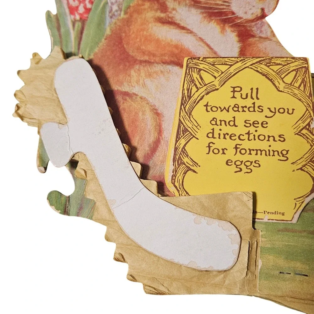 Antique Victorian Mechanical Easter Card Brown‎ Rabbit Hyacinth Die Cut Pull Tab